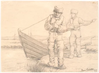 To limfjordsfiskere trekker en båt