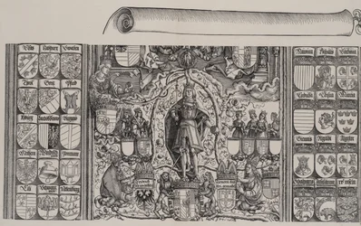 Den øvre delen av Genealogien til Maximilian, med høyre kant av rullen for ..., 1515.