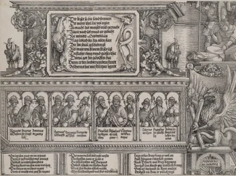 Den øvre delen av den venstre portalen, med inskripsjonen på et løveskinn, en frise med B..., 1515.