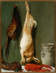 Stilleben: hare, fasaner, hummer og krukke