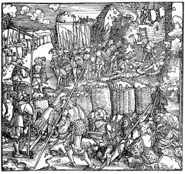 Beleiring av en festning. Illustrasjon fra boken Phisicke Against Fortune av Petrarch, 1532
