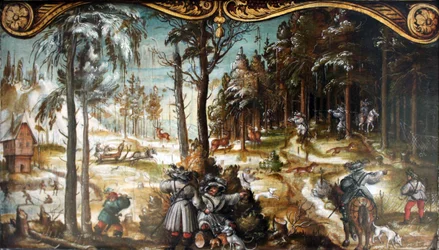 To paneler fra en serie bilder av livet på landet: Reve- og hjortejakt om vinteren