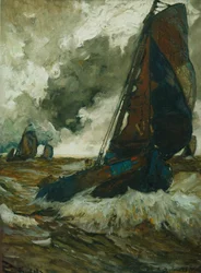 Båter for vinden på en turbulent Zuiderzee (gouache på papir)