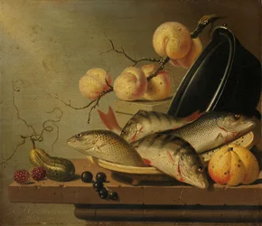 Stilleben med fisk og frukt