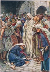 Kvinnen som rørte ved kanten av kappen hans, illustrasjon fra «Women of the Bible», utgitt av The Religious Tract Society