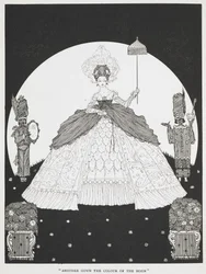 "En annen kjole i månens farge". En illustrasjon for historien, 'eselskinn'. En vakker prinsesse som holder en parasoll, to tjenere står på hver side av henne.