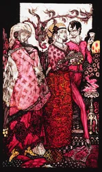 Bert the Bigfoot, sunget av Villon". "Queens", ni glasspaneler surret, beiset og malt, Illustrerer J.M. Synges dikt, 1917