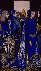 Etain, Helen, Maeve og Fand, «Den gylne Deirdres ømme hånd», illustrasjon av Harry Clarke fra «Queens» av J. M. Synge, utgitt 1909