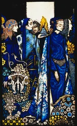 Etain, Helen, Maeve og Fand, Golden Deirdres ømme hånd. "Queens", ni glasspaneler surret, beiset og malt, Illustrerer J.M. Synges dikt, 1917