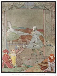 "Han så, på en seng, det fineste syn som noen gang ble sett." Prinsen som ser prinsessen, "Sleeping Beauty", på sengen hennes.