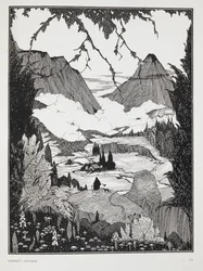 Illustrasjon til historien 'Landors hytte'.. Et fjellandskap.