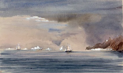 Isfjellene utenfor Kapp Horn (Chile), med silhuetten av HMS Tribune. Maleri av viseadmiral Harry Edmund Edgell (1809–1876), akvarell 1856.