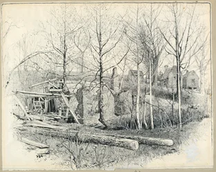 Tegning, nåværende aspekt av Gaines#39;s Mill, sett mot øst, 1885