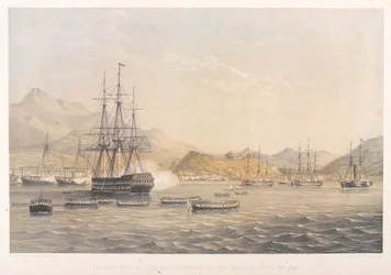 Inntakelsen av øya Chusan av britene, 5. juli 1840 (farget litografi)