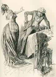 Edith og Mr. Carker. "Han kom muntert mot henne, da hun på et øyeblikk tok kniven opp fra bordet og begynte et skritt tilbake. "Stå stille," sa hun, "eller jeg skal myrde deg!" Illustrasjon av Harry Furniss for Charles Dickens-romanen