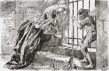 Lady Dedlock og Jo. «Han ble satt der,» sier Jo, holder seg til barene og ser inn, mens Lady Dedlock krymper inn i et hjørne. Illustrasjon av Harry Furniss for Charles Dickens-romanen Bleak House, fra The Testimonial Edition, utgitt 1910.