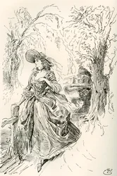 Frøken Haredale. Illustrasjon av Harry Furniss for Charles Dickens-romanen Barnaby Rudge, fra The Testimonial Edition, utgitt 1910.