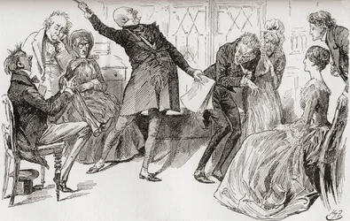 Mr. Micawber oppnår Heeps fall. "Den triumferende oppblomstringen som Mr. Micawber forløste ordene med, hadde en kraftig effekt i å skremme moren, som ropte i mye agitasjon: "Ury! Ury! Vær 