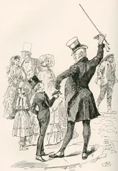 Mr. Micawber tar David hjem. "Vi gikk til huset vårt sammen, Mr. Micawber imponerte navnene på gatene og formene på hjørnehusene på meg mens vi gikk." Illustrasjon av Harry Furniss for Charles Dickens-romanen David Copperfield, fra