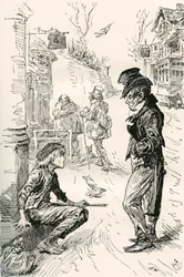 Oliver faller inn med The Artful Dodger. "Hei, min kjæreste, hva er raden?" sa denne merkelige unge mannen til Oliver. "Jeg er veldig sulten og trøtt," svarte Oliver; tårene sto i øynene hans mens han snakket. "Jeg har gått en lang vei. Jeg har gått