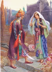 Codadad dreper den svarte kjempen, illustrasjon fra «Barnefortellinger fra Tusen og én natt» av Rose Yeatman Woolf, ca. 1920