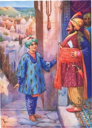 Han krevde audiens hos storvisiren. Fra gutten som kunne se fotspor, illustrasjon fra «Childrens Stories from Indian Legends», ca. 1930-tallet (fargelitografi)