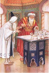 Kong Aben Kabuz og den arabiske astrologen (fra historien Den arabiske astrologen), illustrasjon fra «Fortellingene fra Alhambra», ca. 1940 (fargelitografi)