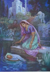 Kunti turte ikke å være ulydig. Fra de eventyrlystne brødrene, illustrasjon fra «Childrens Stories from Indian Legends», ca. 1930-tallet (fargelitografi)