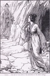 Okhuni ... ble møtt ved porten av datteren til den store Susano (fra Susano og Ohkuni) (litografi)