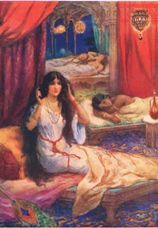 Pabhavati våknet med et rykk. Fra Den hardhjertede prinsen, illustrasjon fra «Childrens Stories from Indian Legends», ca. 1930-tallet (fargelitografi)