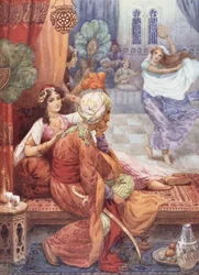 Prins Ahmed og feen Banou, illustrasjon fra «Barnhistorier fra «De tusen og én natt», av Rose Yeatman Woolf, ca. 1920 (fargelitografi)
