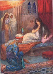 Prins Feroze-Shah vekker den vakre prinsessen, illustrasjon fra «Barnshistorier fra Tusen og én natt», av Rose Yeatman Woolf, ca. 1920 (fargelitografi)