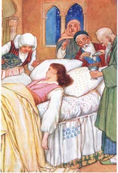 Prinsesse Aldebonda og hennes leger (fra historien (Kjærlighetens pilegrimer), illustrasjon fra #39;Fortellingene fra Alhambra#39;, ca. 1940 (fargelitografi)