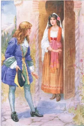 Ruyz De Alercon og rosen fra Alhambra (fra historien Rosen fra Alhambra), illustrasjon fra «Fortellingene fra Alhambra», ca. 1940 (fargelitografi)