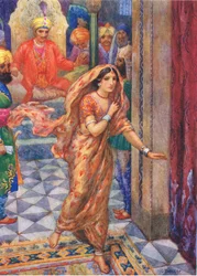 Hun flyktet fra audienssalen. Fra Ring of Remembrance, illustrasjon fra «Childrens Stories from Indian Legends», ca. 1930-tallet (fargelitografi)