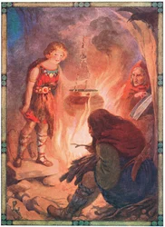 «Hun fant alt slik det skulle være» (fra Taliesin) (fargelitografi)