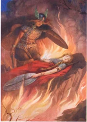 «Sigurd og Brynhild» fra «Volsungenes sverd» illustrert i «Barnhistorier fra de nordlige legendene» utgitt av Raphael Tuck (fargelitografi)