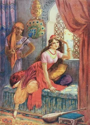 Sinbads brud, illustrasjon fra «Barnshistorier fra Tusen og én natt», av Rose Yeatman Woolf, ca. 1920 (fargelitografi)