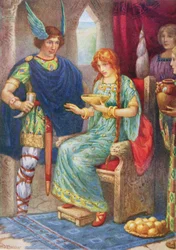 Skyrnir og Gerda, fra illustrasjonen «Frey og Gerda» i «Children#39;s Stories from the Northern Legends» utgitt av Raphael Tuck