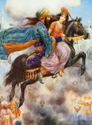 Prinsessen vender tilbake til Persia, illustrasjon fra «Barnshistorier fra Tusen og én natt», av Rose Yeatman Woolf, ca. 1920 (fargelitografi)