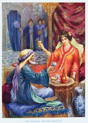 Prinsessen og trollmannen, illustrasjon fra «Barnshistorier fra Tusen og én natt», av Rose Yeatman Woolf, ca. 1920 (fargelitografi)