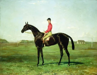 En veddeløpshest med en jockey på veddeløpsbanen i Newmarket (olje på lerret)