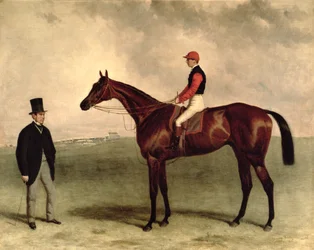 Gladiateur med Harry Grimshaw opp og hans eier, grev Frederic de Lagrange, 1865