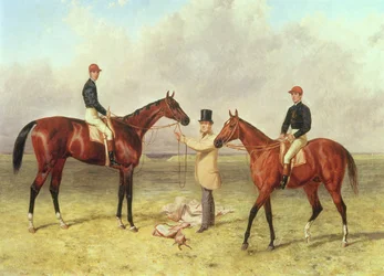 L til R Lord Lyon, vinner av Derby, St. Leger og 2000 guineas; Elland, vinner av Ascot Gold Vase, eid av Sir R. Sutton, trent av James Dover, 1866