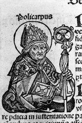 Portrett av Saint Polycarp av Smyrna (ca. 69-155), eveque. Gravering fra "" Chronicles of Nuremberg"" av Schedel Hartmann (1440-1514)