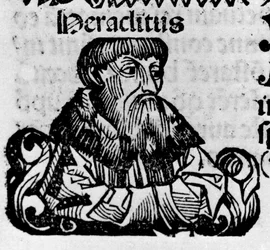 Portrett av den greske filosofen Heraclite of Efese (Heraclitus of Efesos, 576-480 f.Kr.). Xylografi av "" Chronicles of Nuremberg"" av Hartmann Schedel