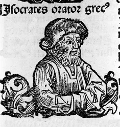 Portrett av loftshøyttaleren Isorate (436-338 f.Kr.). Xylografi av "" Chronicles of Nuremberg"" av Hartmann Schedel