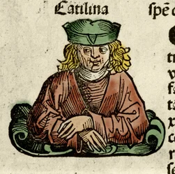 Representasjon av Catilina (Lucius Sergius Catilina) (108–62 f.Kr.), en romersk politiker som konspirerte mot senatet. Gravering fra "" Liber chronicarum"" av Hartmann Schedel