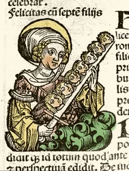 Representasjon av Saint Felicite, martyrium i Roma med hodet til sine syv barn. xylografi av Hartmann Schedel "" Chronicles of Nuremberg""" 1493.