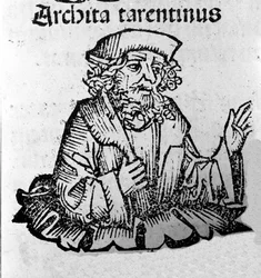 Den greske filosofen Archytas av Taranto (435-347 f.Kr.) filosof Pythagorician, matematiker, astronom. Xylografi av "" Chronicles of Nuremberg"" av Hartmann Schedel